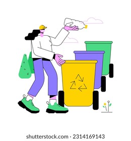 Trash sorting facility isolated cartoon vector illustrations. Young girl throwing a bottle for recycling in the city park, environmental protection, trash sorting idea vector cartoon.