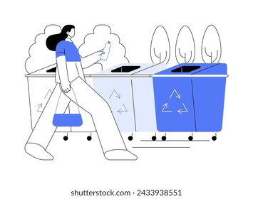 Trash sorting facility isolated cartoon vector illustrations. Young girl throwing a bottle for recycling in the city park, environmental protection, trash sorting idea vector cartoon.