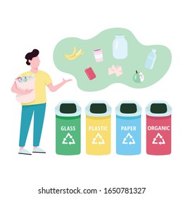 Trash sorting flat concept vector illustration. Waste management, garbage segregation and recycling. Man separating rubbish 2D cartoon character for web design. Zero waste lifestyle creative idea