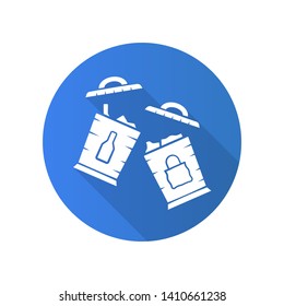 Trash sorting flat design long shadow glyph icon. Trashcans for separating glass, paper waste. Rubbish containers for garbage separation.Vector silhouette illustration