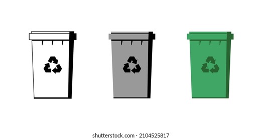 Juego de contenedores gris, negro y verde de clasificación de basura. Barras de basura con icono de reciclaje. Conjunto aislado de basuras de basura. Símbolo de utilización de la gestión de desechos. Guardar el entorno y los vectores de ecología