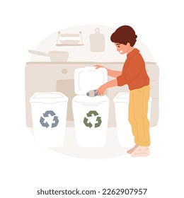 Ordenación de la basura en la ilustración del vector de dibujos animados aislados en casa. Niños tirando botellas plásticas en un contenedor con reciclaje, clasificación de basura doméstica, contenedores con diferentes pegatinas de color vectorial dibujos animados.