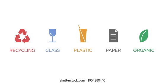 Trash sorting icons. Paper, glass, plastic and organic garbage colourful signs for recycling. Rubbish symbol set. Waste utilization icon collection. Vector illustration