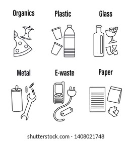 Trash sorting icons set in linear style. Simple vector illustration isolated on white background.