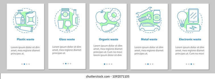 Trash sorting onboarding mobile app page screen. Organic, metal, electronic, glass, plastic waste steps graphic instructions. Garbage recycling. UX, UI, GUI vector template with illustrations