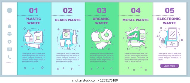 Clasificación de la papelera incorporación de páginas de Web móvil Plantilla de Vector. Orgánica, metal, electrónica, vidrio, residuos plásticos. Reciclaje de basura. Interfaz de Sitio web de smartphone sensible. Pantallas de recorrido de página web