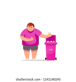 Trash sorting. Protect the environment. Man throws a garbage in the trash. Vector illustration.