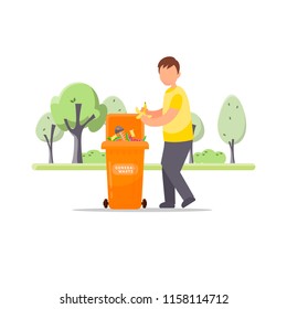 Trash sorting. Protect the environment. Man throws a garbage in the trash. Vector illustration.