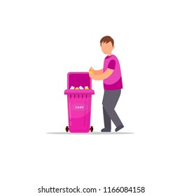 Trash sorting. Protect the environment. Man throws a garbage in the trash. Vector illustration.