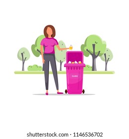 Trash sorting. Protect the environment. Woman throws a garbage in the trash. Vector illustration.