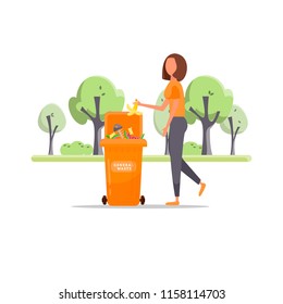 Trash sorting. Protect the environment. Woman throws a garbage in the trash. Vector illustration.