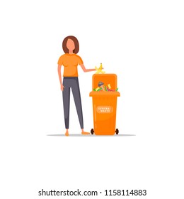 Trash sorting. Protect the environment. Woman throws a garbage in the trash. Vector illustration.