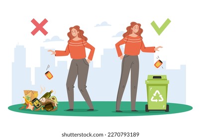 Trash throw litter garbage recycle waste drop concept. Vector graphic design illustration element