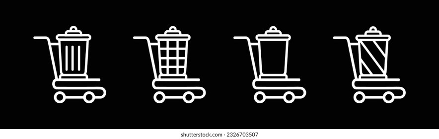  Müllwagen öffnen Symbol Vektorgrafik Design, Symbol-Set Müll oder Müllsammlung. Konzept auf schwarzem Hintergrund