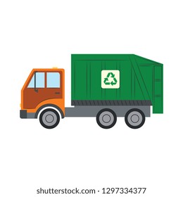 Trash truck with recycle symbol - green lorry vehicle for assembling and transportation of garbage in flat style. Isolated vector illustration of rubbish car for ecology saving concept.