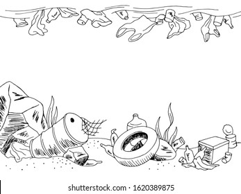 Trash underwater ecology problem graphic black landscape sketch illustration vector
