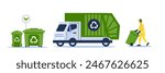 Trash utility, disposal and recycling concept set. Waste collector worker, recycling trash bin and garbage truck collection. Vector illustration.