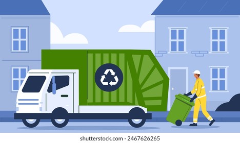 Trash utility, disposal and recycling concept. Waste collector worker wearing uniform pushing a trash bin to garbage truck. Vector illustration.