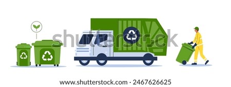 Trash utility, disposal and recycling concept set. Waste collector worker, recycling trash bin and garbage truck collection. Vector illustration.