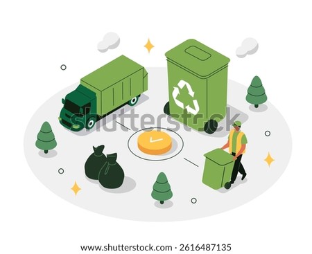 Trash utility, disposal and recycling concept. Waste collector worker wearing uniform pushing a trash bin to garbage truck. Isometric vector illustration.