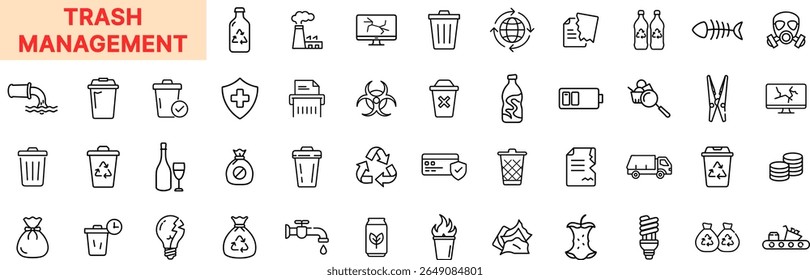 Conjunto de ícones de linha de gerenciamento de lixo e resíduos com caixotes de lixo, símbolos de reciclagem, garrafas plásticas, sinais de perigo, risco biológico, resíduos de papel, sacos de composto, caminhões de descarga, correias de triagem e poluição da água