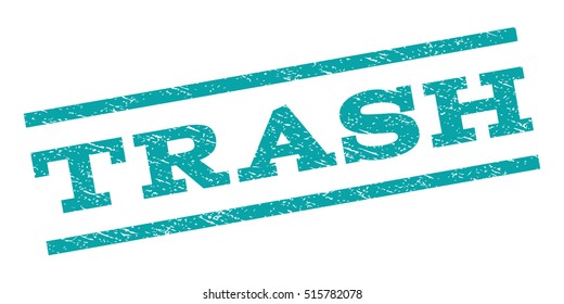 Trash watermark stamp. Text tag between parallel lines with grunge design style. Rubber seal stamp with dust texture. Vector cyan color ink imprint on a white background.