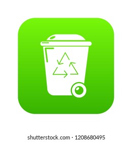 Trash wheelie bin icon green vector isolated on white background