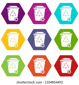 Trash wheelie bin icons 9 set coloful isolated on white for web