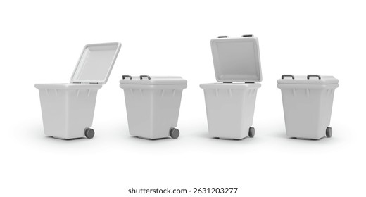 Trash White Bin Set with Various Lid Positions. Minimalist 3D Waste Container in Multiple Angles for Clean Design and Urban Sorting Systems. Vector Illustration