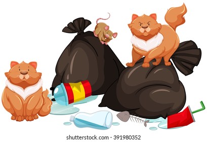 Trashbags with rat and cats illustration