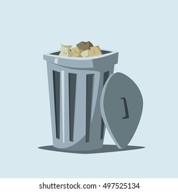 Trashcan. Cartoon vector illustration. Trash in city. Steel container