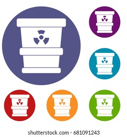 Trashcan containing radioactive waste icons set in flat circle red, blue and green color for web