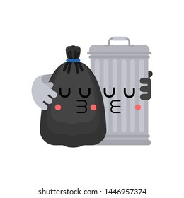 Trashcan and garbage bag friends. Trash can and black sack couple. rubbish Romance. Vector illustration