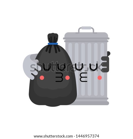 Trashcan and garbage bag friends. Trash can and black sack couple. rubbish Romance. Vector illustration