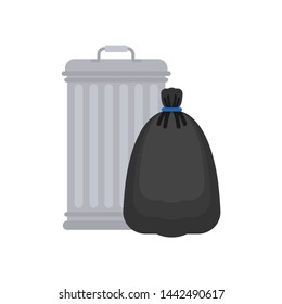 Trashcan and garbage bag. Trash can and black sack. rubbish bin Vector illustration