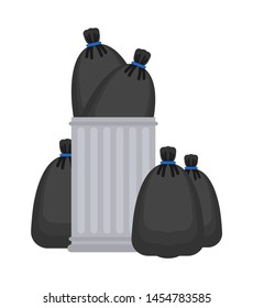 Trashcan and garbage bag. Trash can and black sack. rubbish bin Vector illustration