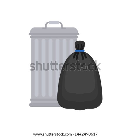 Trashcan and garbage bag. Trash can and black sack. rubbish bin Vector illustration