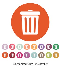 The trashcan icon. Dustbin symbol. Flat Vector illustration. Button Set