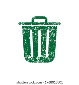 Trashcan icon with grunge texture. Green garbage can symbol. Flat shape delete sign. Trash container and recycling bin logo. Vector illustration image. Isolated on white background.