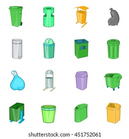 Trashcan icons in cartoon style. Garbage box set collection isolated vector illustration