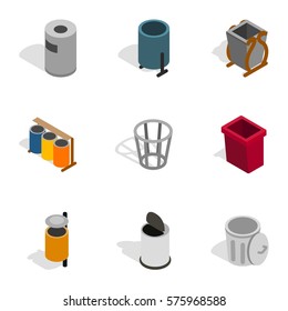 Trashcan icons set. Isometric 3d illustration of 9 trashcan vector icons for web