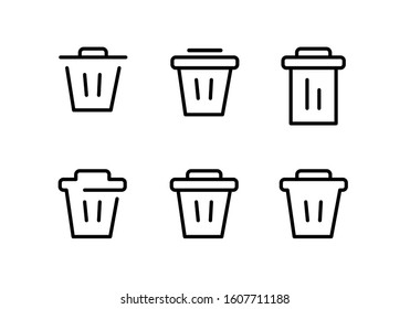 Trashcan Set - vector icons set in flat line style. Black illustration isolated on white background for graphic and web design.