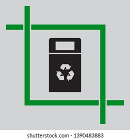 Trashcan sign illustration. Black icon inside green crop tool at light gray background
