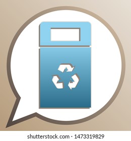 Trashcan sign illustration. Bright cerulean icon in white speech balloon at pale taupe background. Illustration.