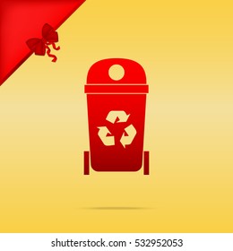 Trashcan sign illustration. Cristmas design red icon on gold background.