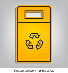 Trashcan sign illustration. Flat orange icon with overlapping linear black icon with gray shadow at whitish background. Illustration.