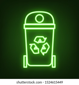 Trashcan sign illustration. Green neon icon in the dark. Blurred lightening. Illustration.