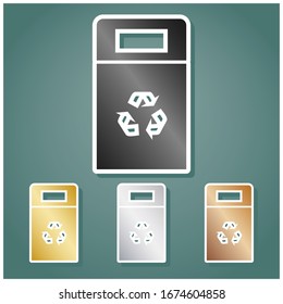 Trashcan sign illustration. Set of metallic Icons with gray, gold, silver and bronze gradient with white contour and shadow at viridan background. Illustration.