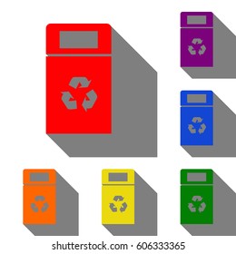 Trashcan sign illustration. Set of red, orange, yellow, green, blue and violet icons at white background with flat shadow.