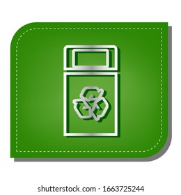 Trashcan sign illustration. Silver gradient line icon with dark green shadow at ecological patched green leaf. Illustration.